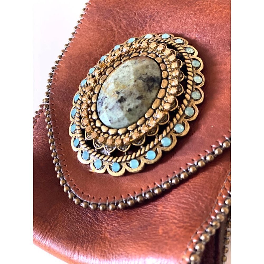 Leatherock Semi Precious Stone Leather Crossbody Swarovski Elements Brown HE31 - Picture 15 of 16